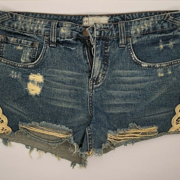 Free People Lace Wash Distressed Blue Denim Shorts 28 - Picture 1 of 10